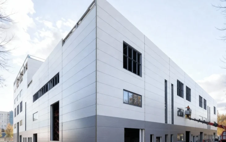 Фасады промышленного парка в районе Люблино облицуют тончайшими панелями из металла Фасады промышленного парка в районе Люблино облицуют тончайшими панелями из металла